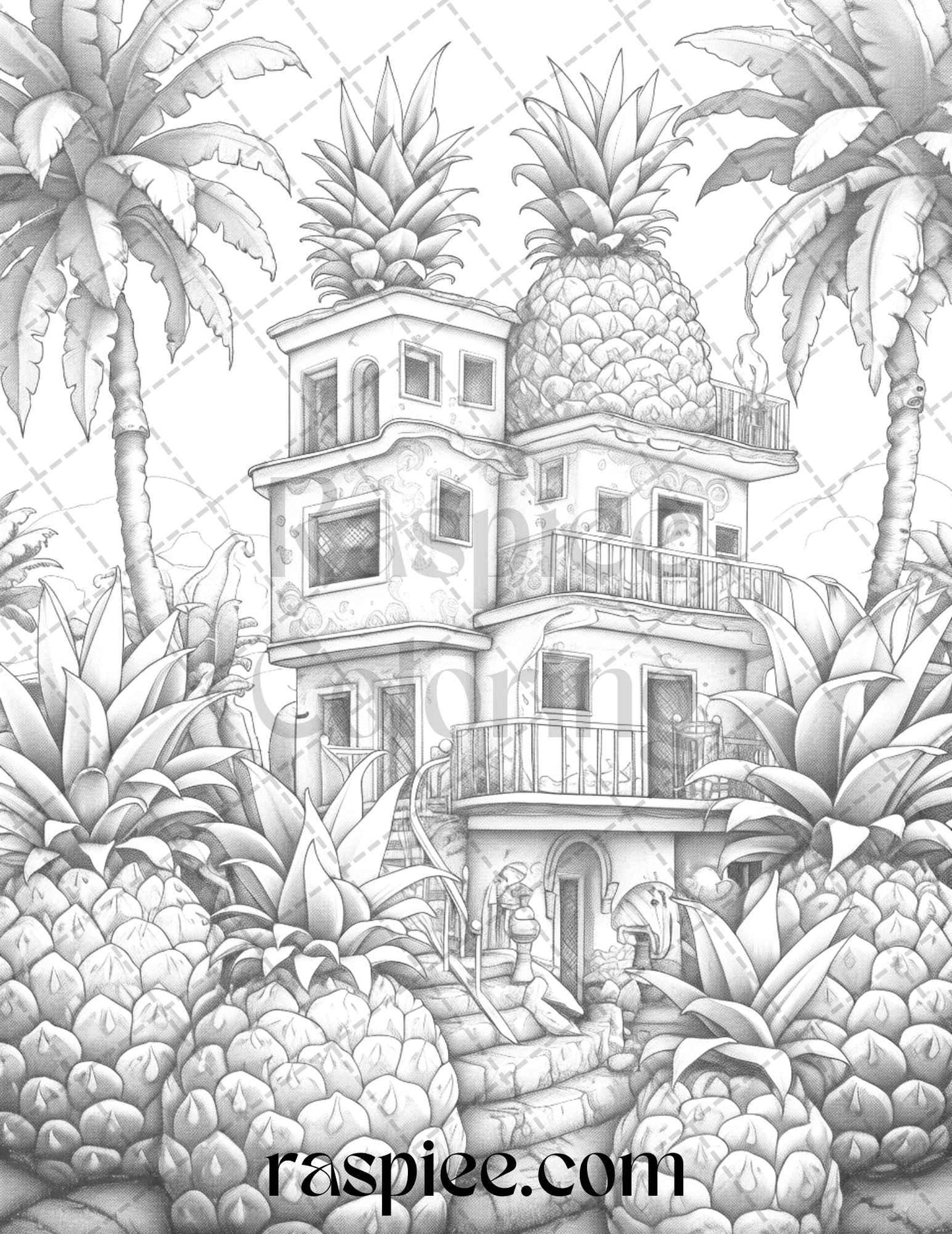 50 Pineapple Houses Grayscale Coloring Pages Printable for Adults, PDF File Instant Download