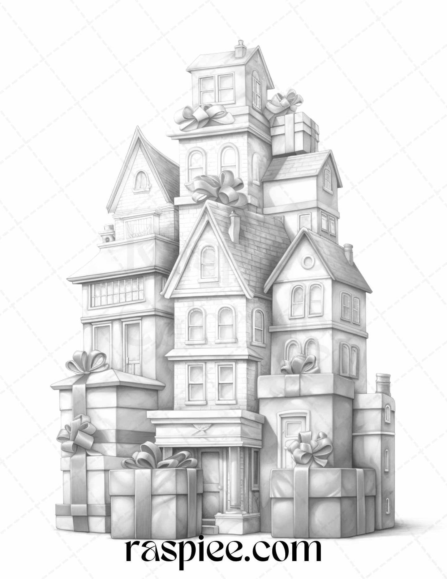 40 Adorable Gift Box Houses Grayscale Coloring Pages Printable for Adults Kids, PDF File Instant Download