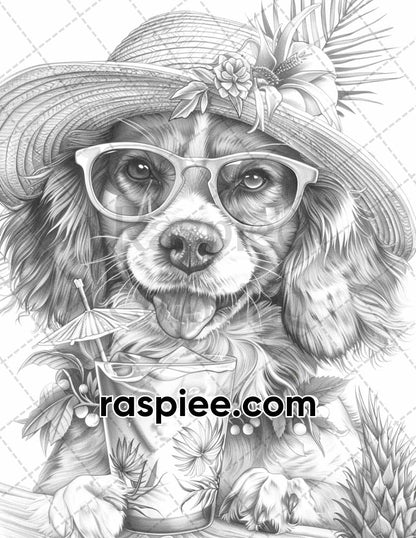90 Summer Dogs Grayscale Adult Coloring Pages, Printable PDF Instant Download