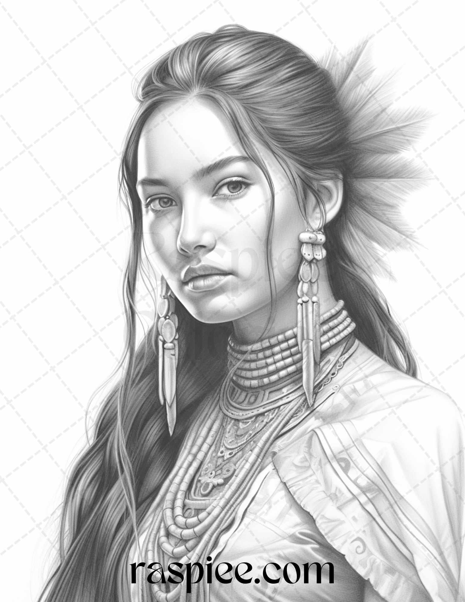 Native American Portrait Grayscale Coloring Pages Printable for Adults, PDF File Instant Download