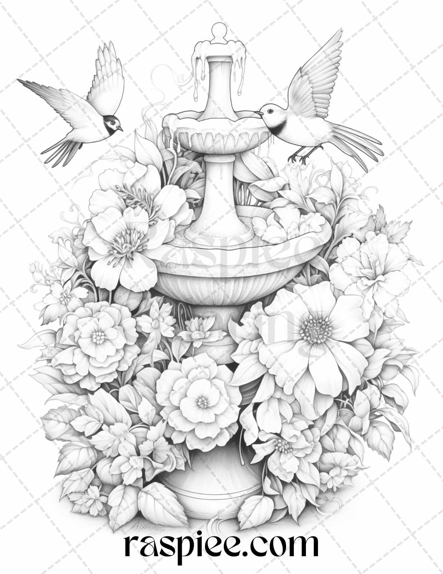 32 Blooming Fountains Grayscale Coloring Pages Printable for Adults, PDF File Instant Download