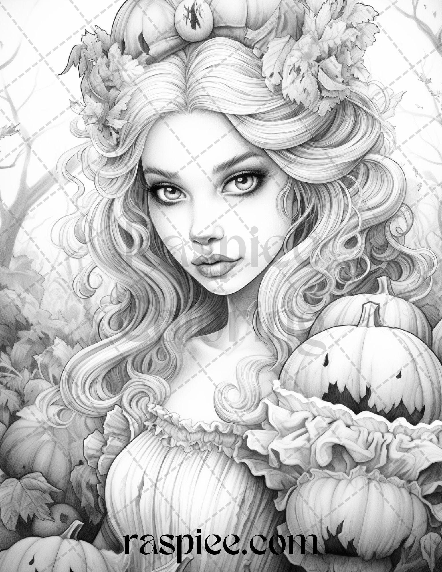 55 Halloween Girls Grayscale Coloring Pages Printable for Adults, PDF File Instant Download