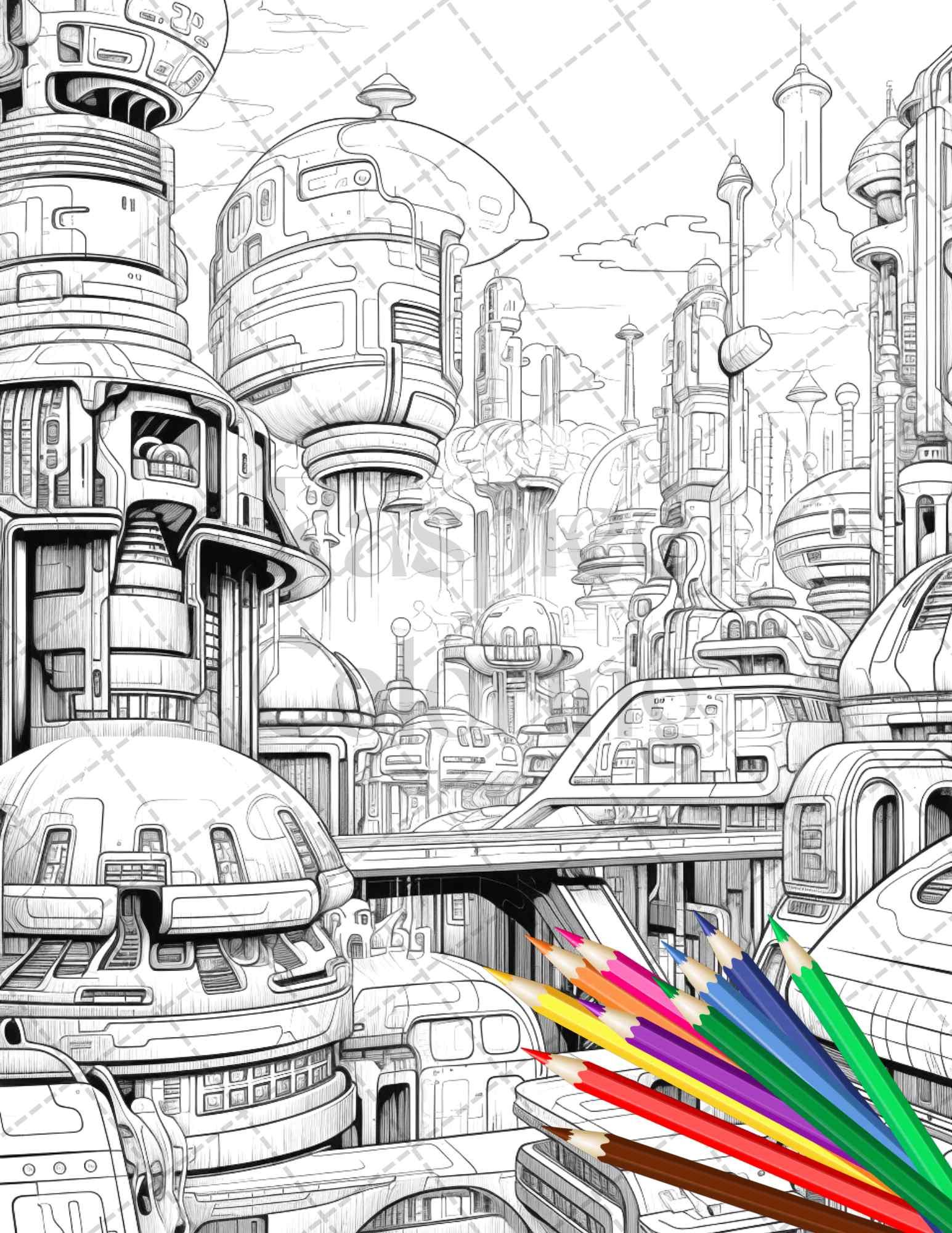 50 Futuristic Metropolis Grayscale Coloring Pages Printable for Adults, PDF File Instant Download