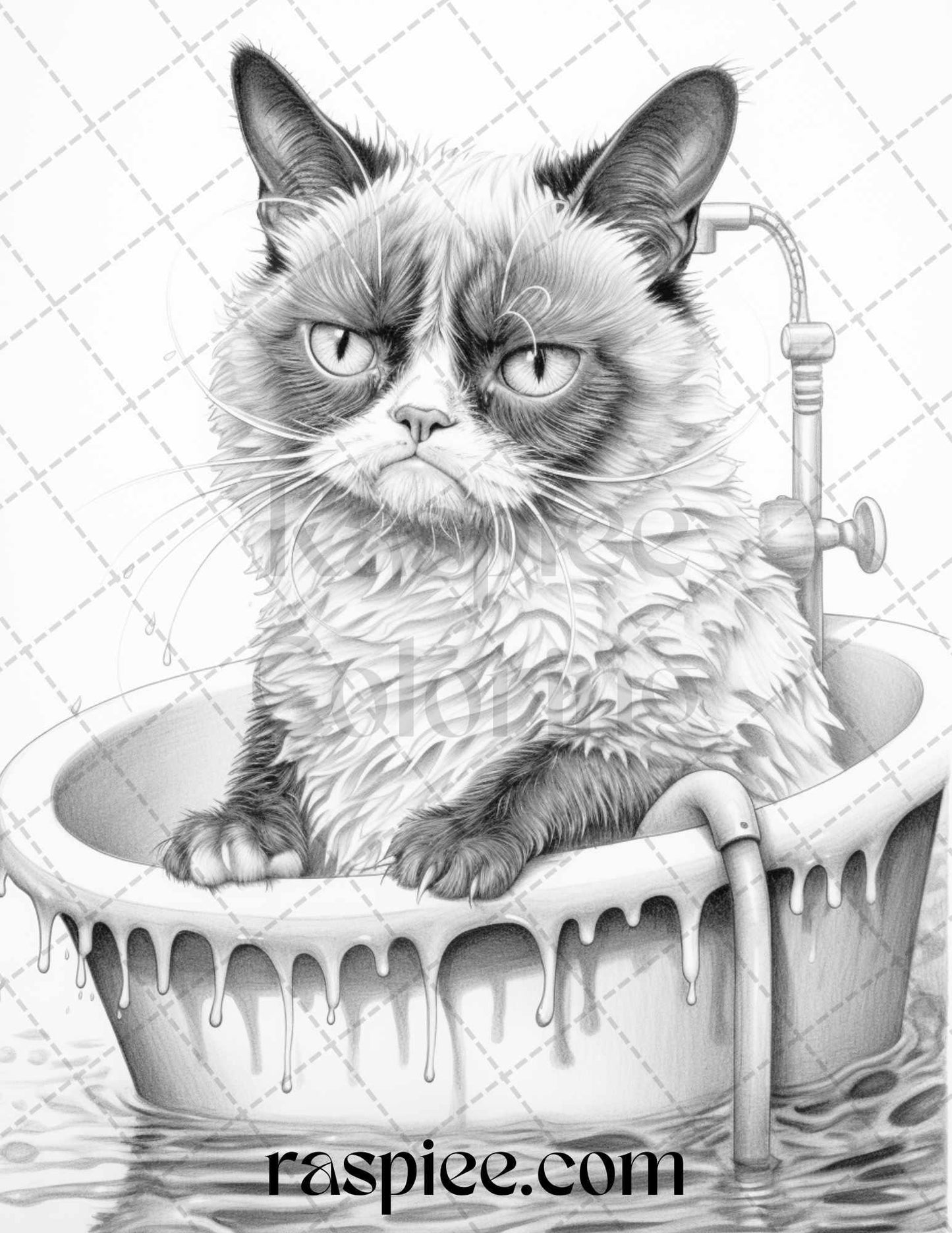 50 Grumpy Cat Grayscale Coloring Pages Printable for Adults, PDF File Instant Download