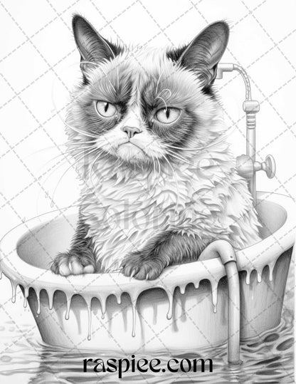 50 Grumpy Cat Grayscale Coloring Pages Printable for Adults, PDF File Instant Download