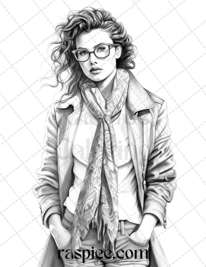 50 Streetwear Fashion Grayscale Coloring Pages Printable for Adults, PDF File Instant Download