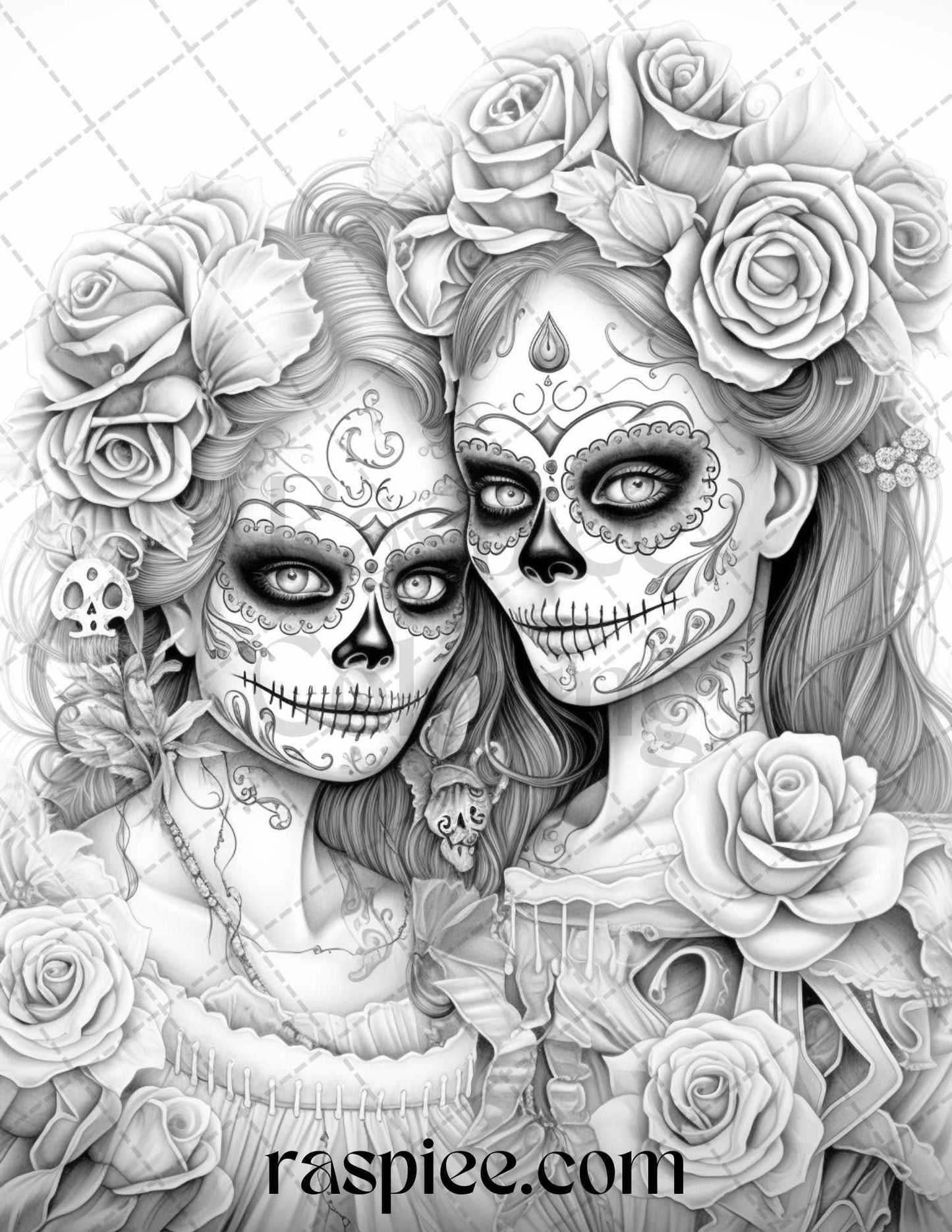 50 Day of the Dead Grayscale Coloring Pages Printable for Adults, PDF File Instant Download