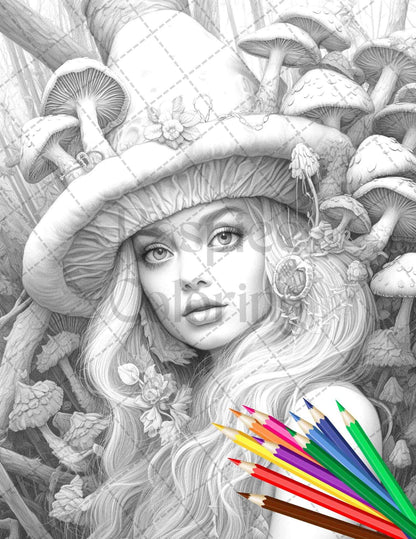 50 Mushroom Fairy Grayscale Coloring Pages Printable for Adults, PDF File Instant Download