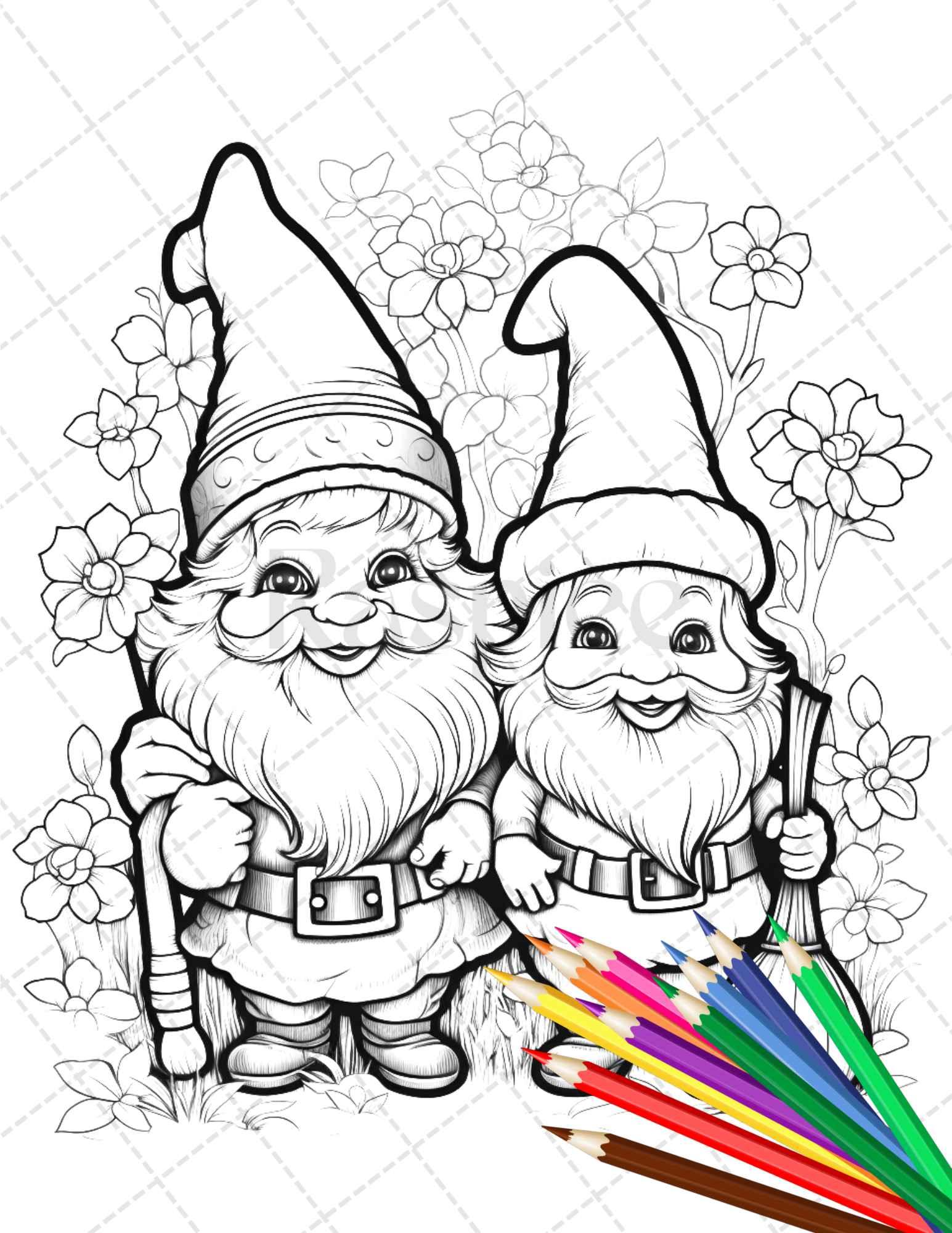 33 Gnome Love Coloring Pages Printable for Adults, Grayscale Coloring Page, PDF File Instant Download