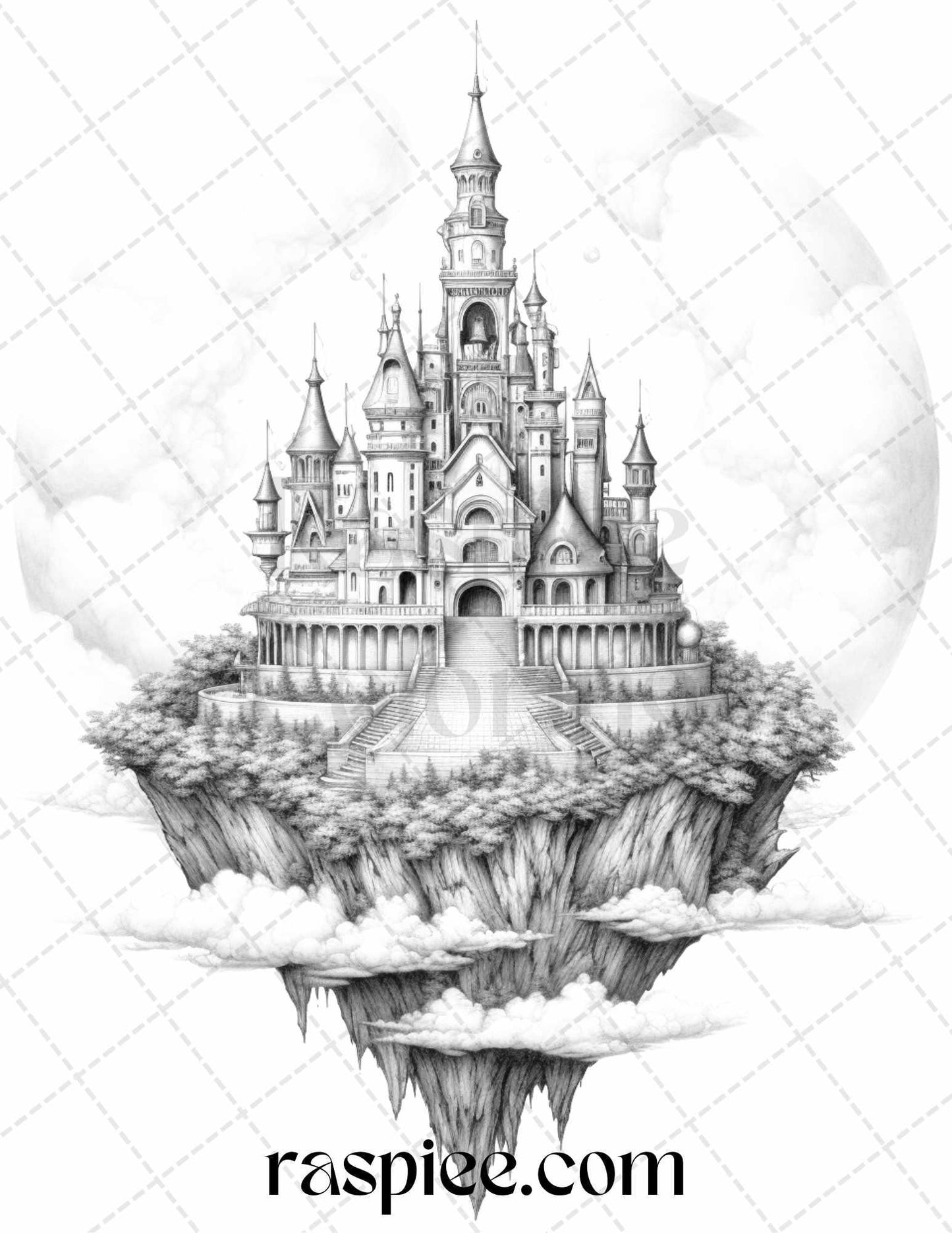Floating Castle in the Sky Grayscale Coloring Pages for Adults, Printable PDF File Instant Download
