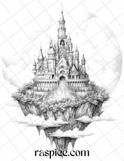 Floating Castle in the Sky Grayscale Coloring Pages for Adults, Printable PDF File Instant Download