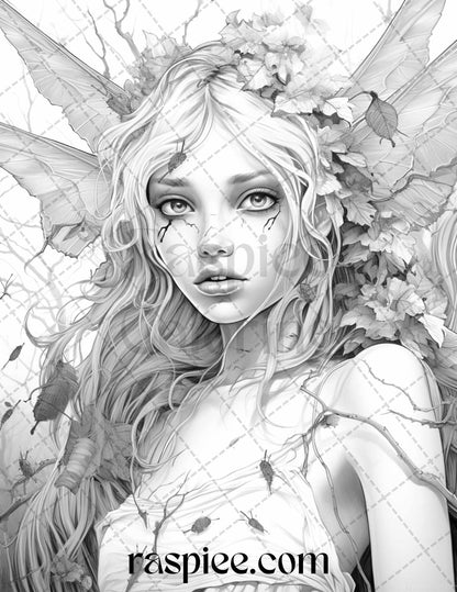 60 Halloween Zombie Fairy Grayscale Coloring Pages Printable for Adults, PDF File Instant Download