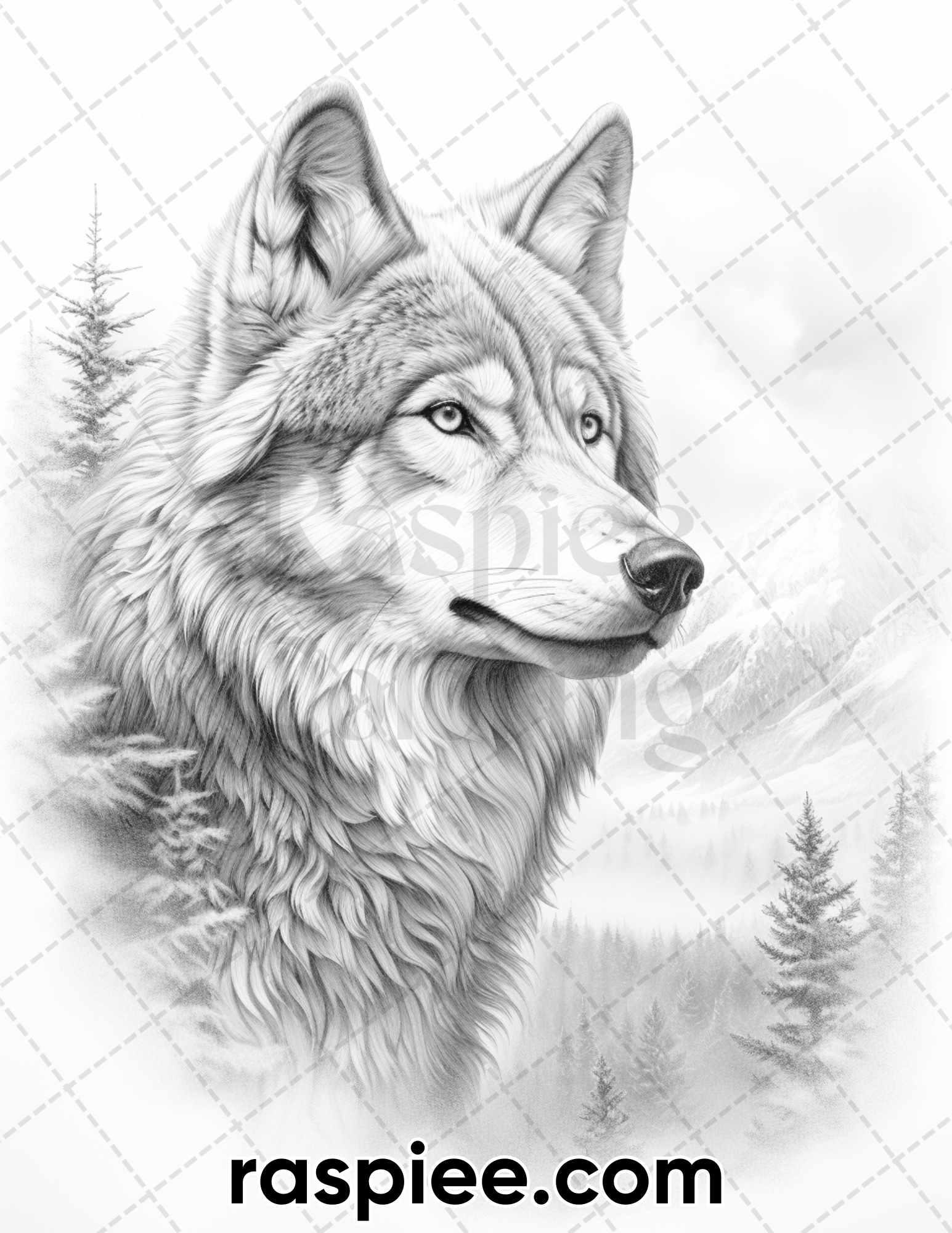 50 Winter Wolf Grayscale Coloring Pages for Adults, Printable PDF Instant Download