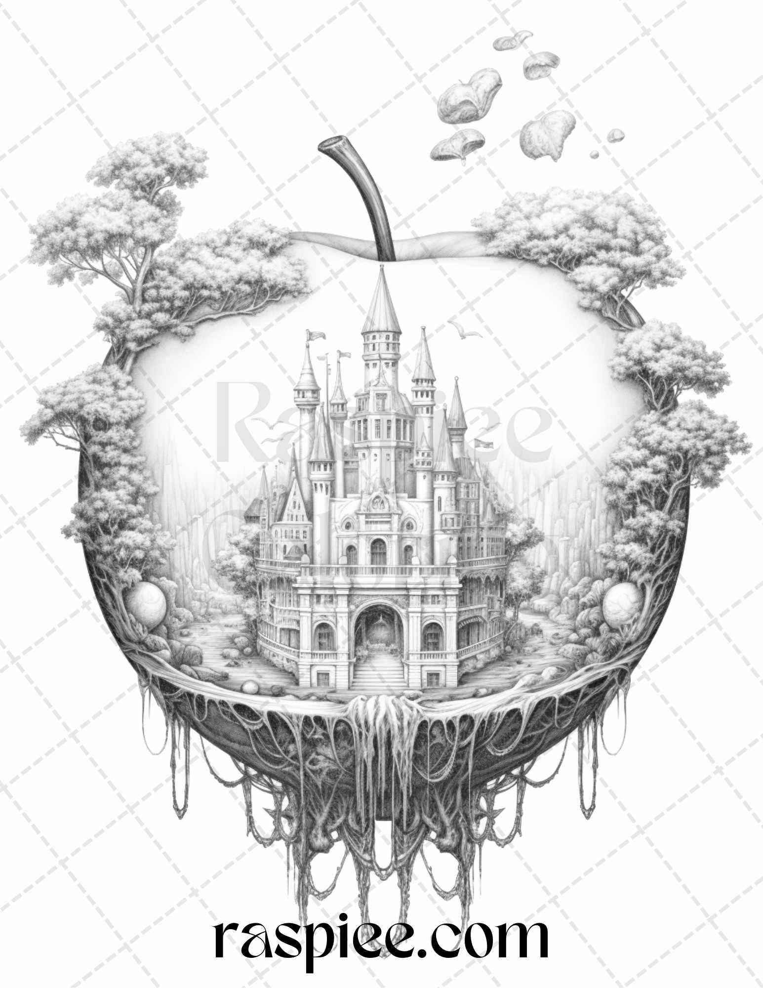 60 Miniworld in the Apple Grayscale Coloring Pages Printable for Adults, PDF File Instant Download