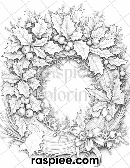 60 Merry Christmas Grayscale Coloring Pages Printable for Adult, Holiday Relaxation Art, PDF File Instant Download
