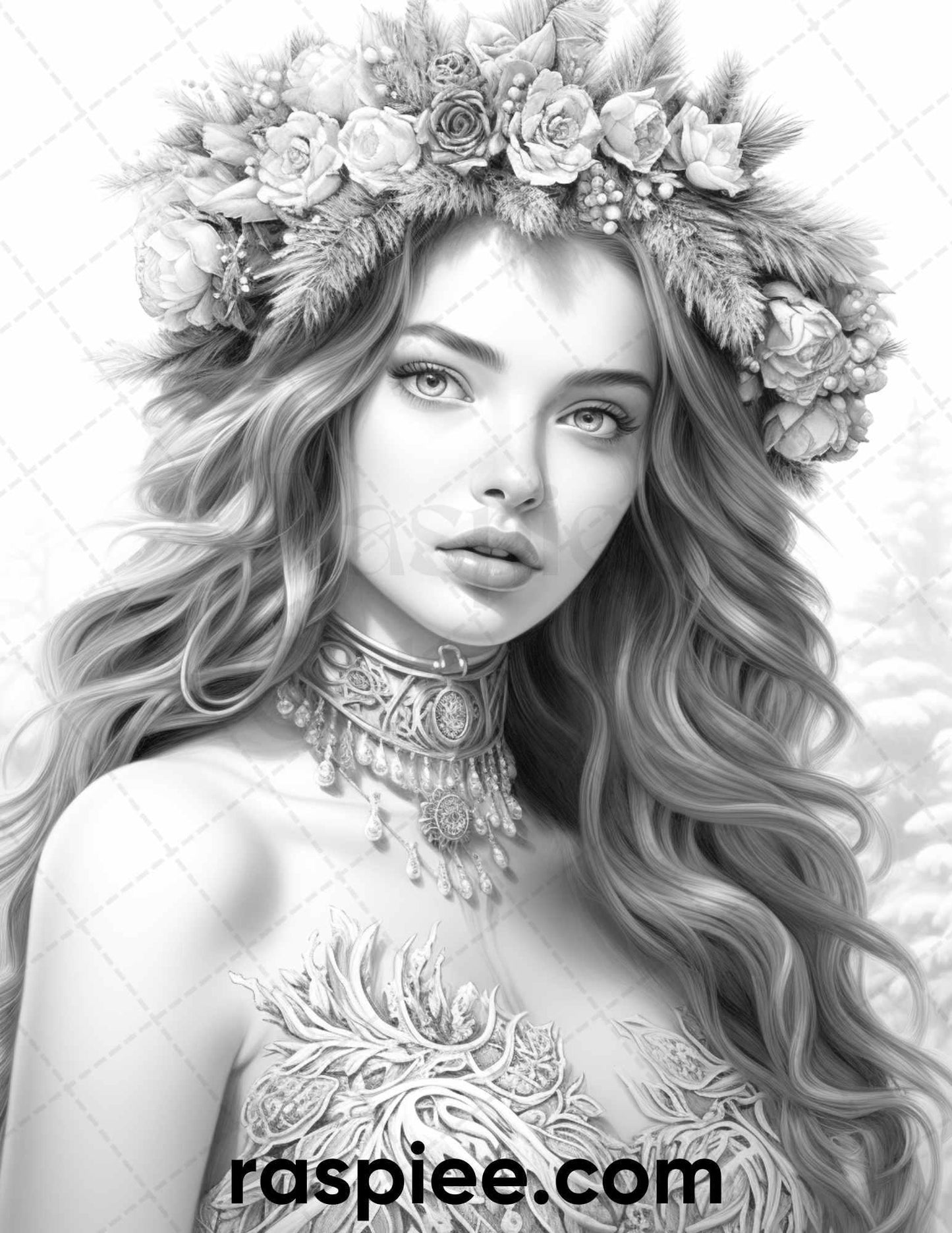 50 Winter Queens Portrait Grayscale Coloring Pages Printable for Adults, PDF File Instant Download