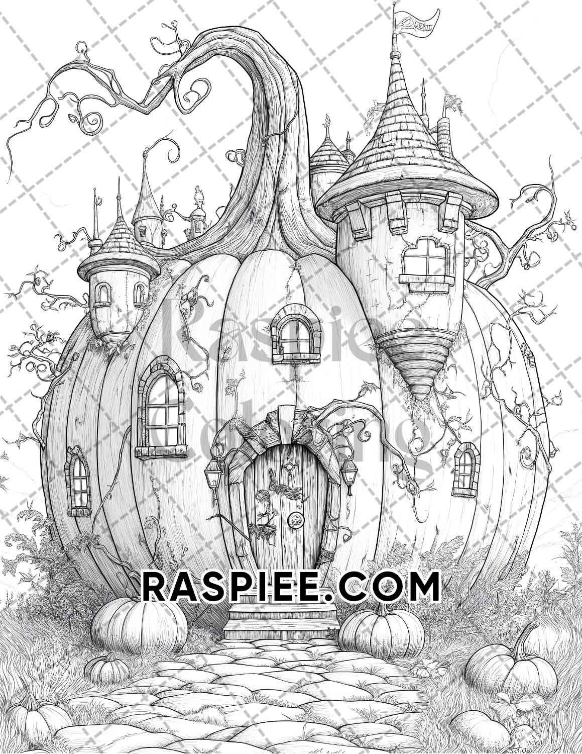 Fantasy Giant Pumpkin Castles Adult Coloring Pages Printable PDF Instant Download