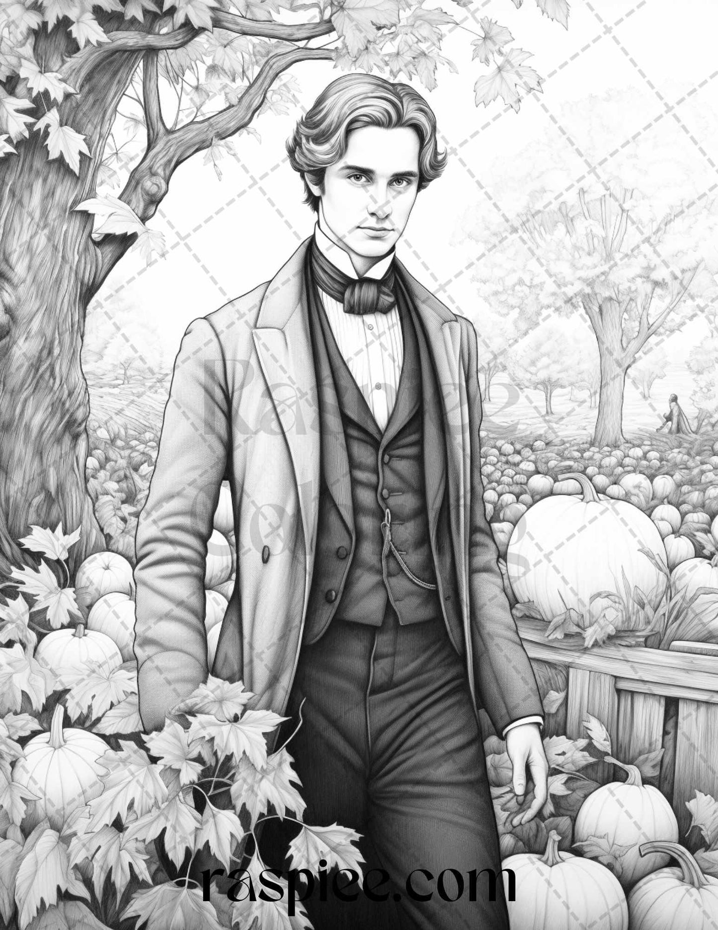60 Victorian Autumn Portrait Grayscale Coloring Pages Printable for Adults, PDF File Instant Download