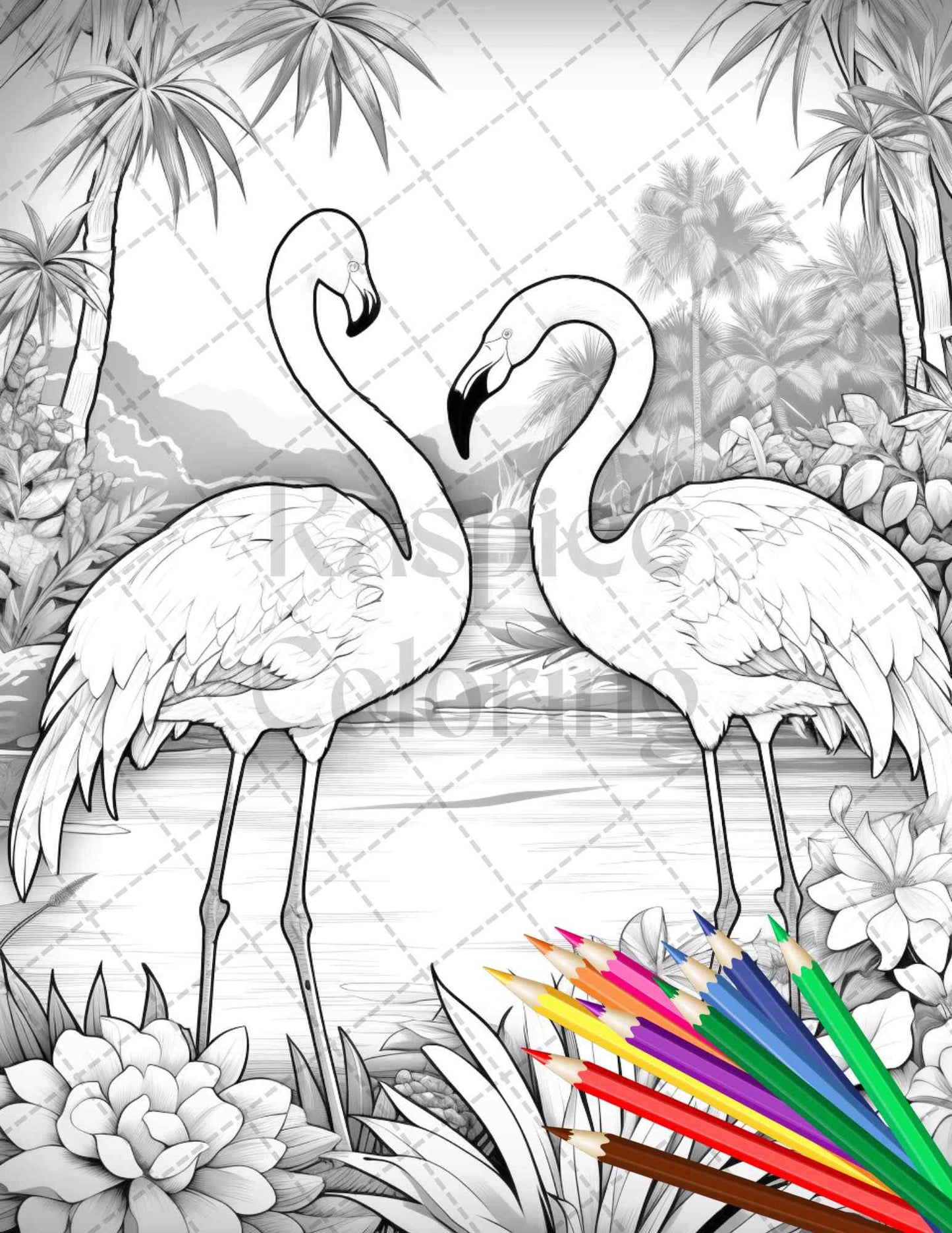 Flamingo Oasis Grayscale Coloring Pages Printable for Adults, PDF File Instant Download