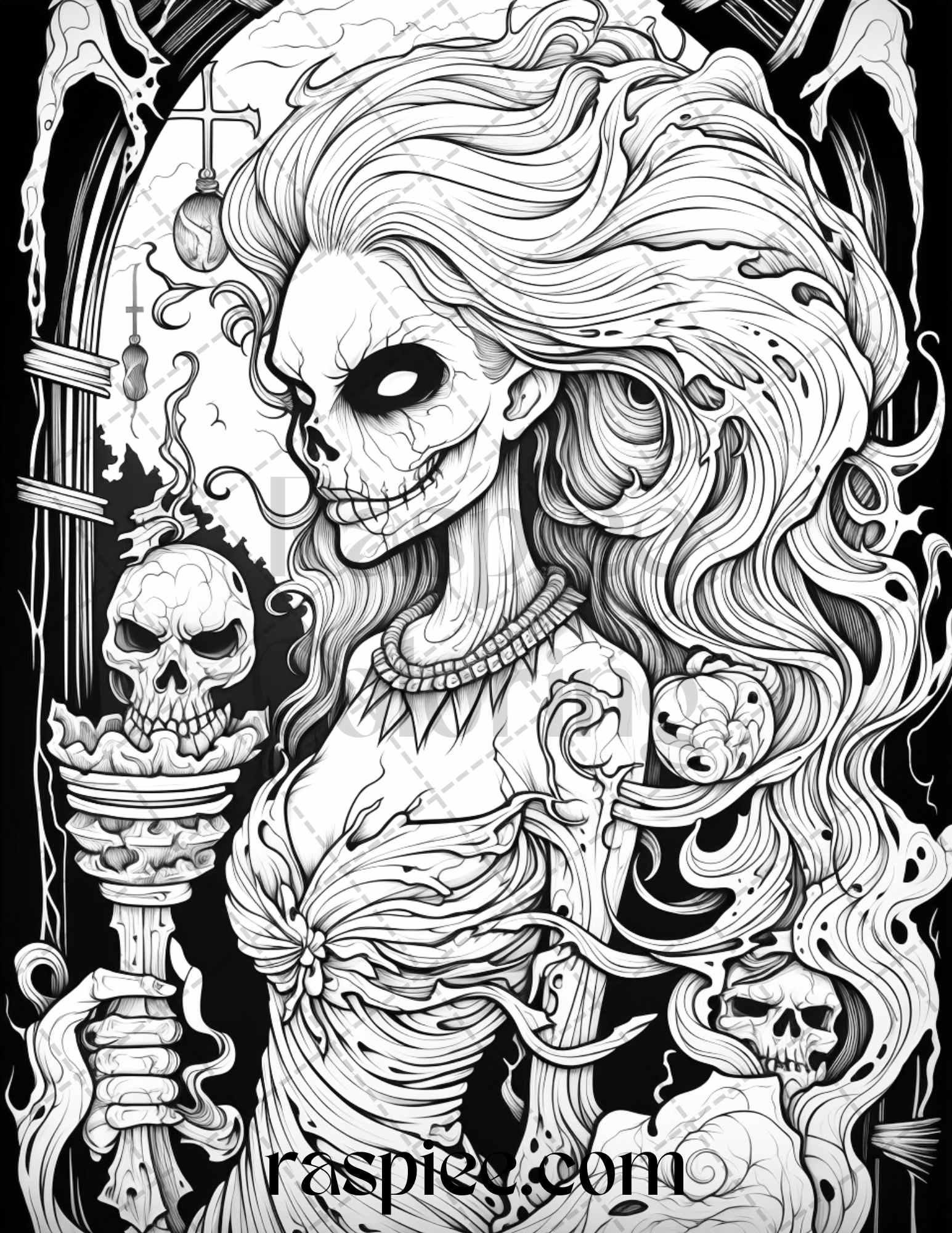 50 Spooky Miss Nightmare Grayscale Coloring Pages Printable for Adults, PDF File Instant Download