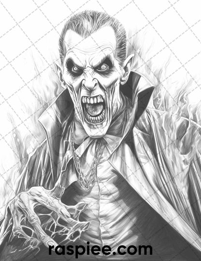 50 Count Dracula Grayscale Coloring Pages Printable for Adults, PDF File Instant Download