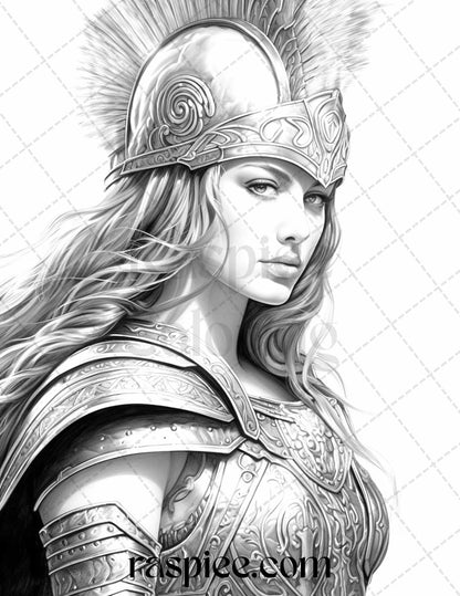 Greek Women Warriors Grayscale Coloring Pages for Adults, Printable PDF File Instant Download