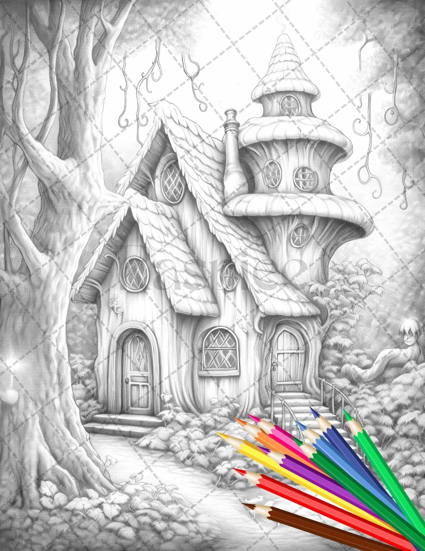 63 Winter Fairy Houses Grayscale Coloring Pages Printable for Adults, PDF File Instant Download