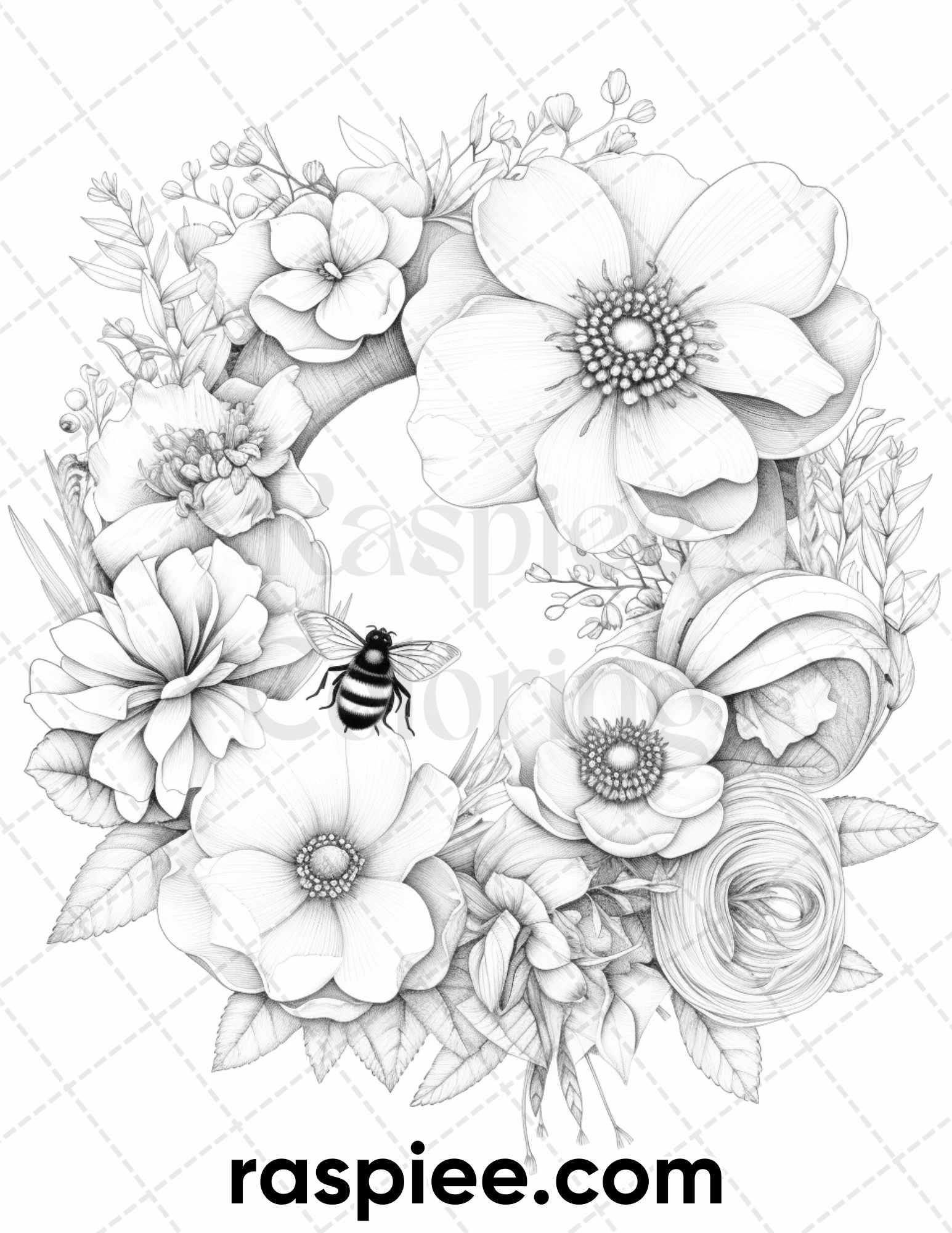 65 Spring Floral Wreaths Grayscale Adult Coloring Pages, Printable PDF Instant Download