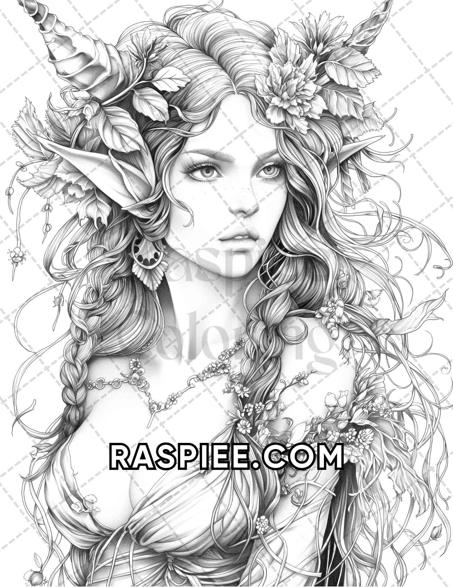 60 Fantasy Beauties Grayscale Adult Coloring Pages Printable PDF Instant Download