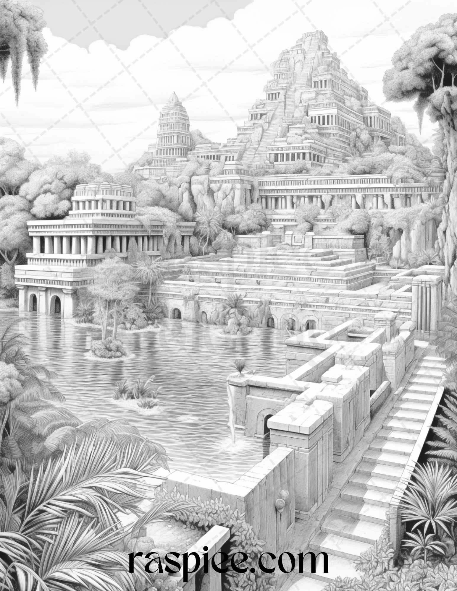 Hanging Gardens of Babylon Grayscale Coloring Pages Printable, PDF File Instant Download