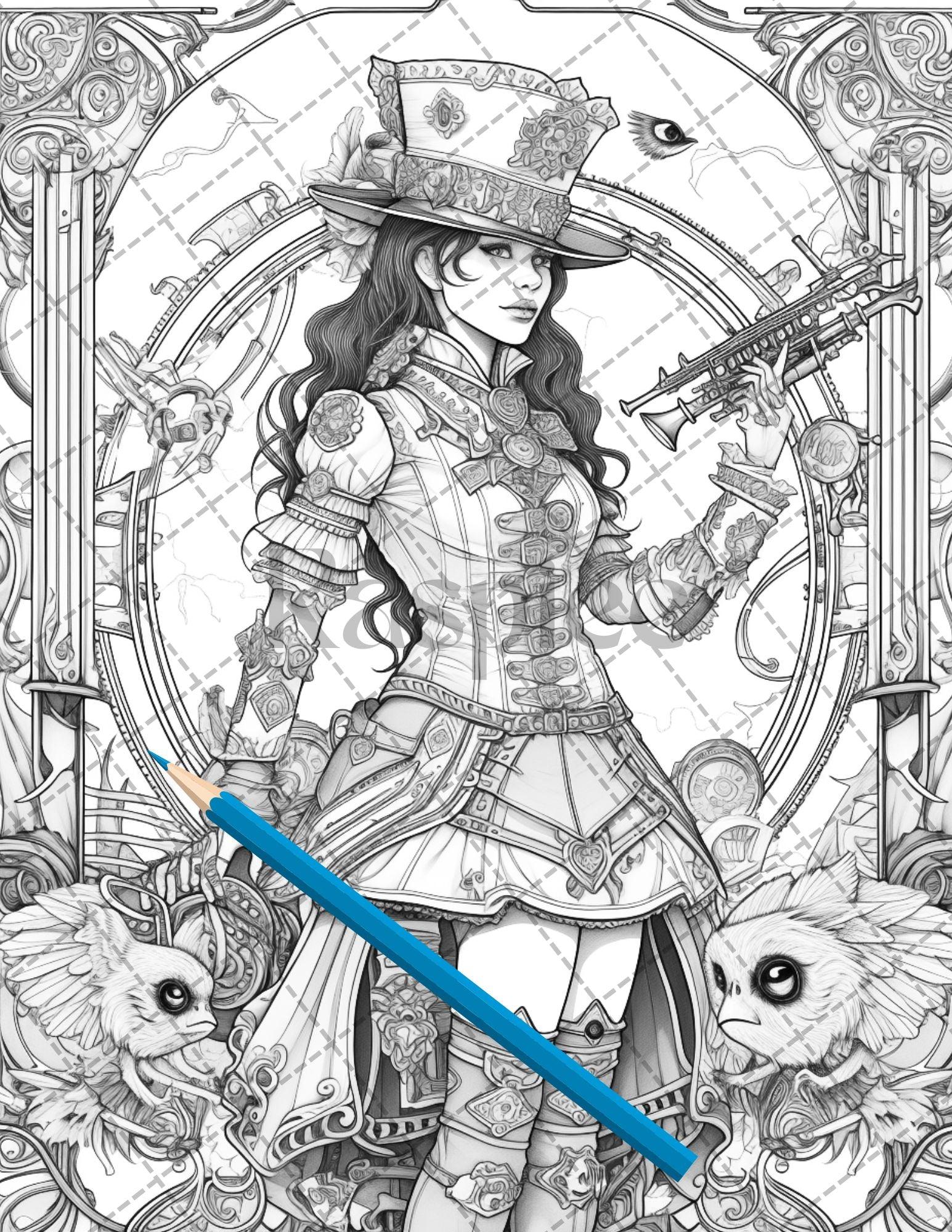 30 Steampunk Girls Coloring Pages Printable for Adults, Victorian Inspired Adult Grayscale Coloring Book, PDF File Download
