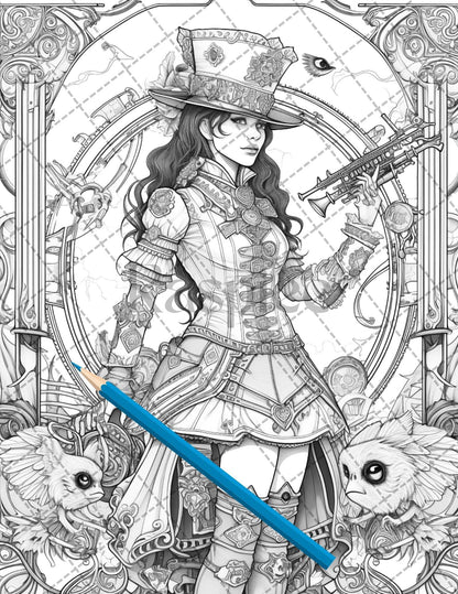 30 Steampunk Girls Coloring Pages Printable for Adults, Victorian Inspired Adult Grayscale Coloring Book, PDF File Download