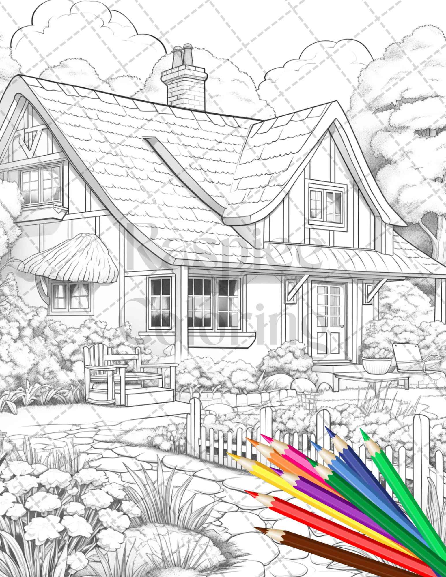 Charming Farmhouse Scenery Grayscale Coloring Pages Printable for Adults, PDF File Instant Download