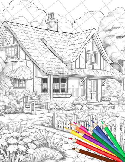 Charming Farmhouse Scenery Grayscale Coloring Pages Printable for Adults, PDF File Instant Download