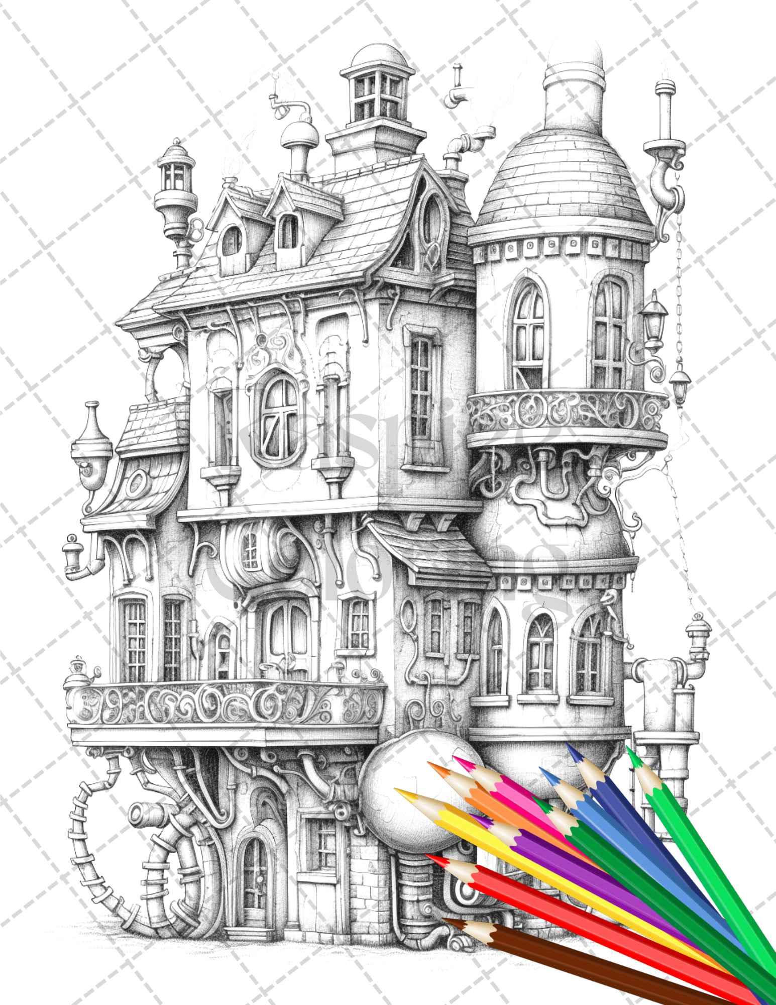 50 Steampunk Houses Grayscale Coloring Pages Printable for Adults, PDF File Instant Download