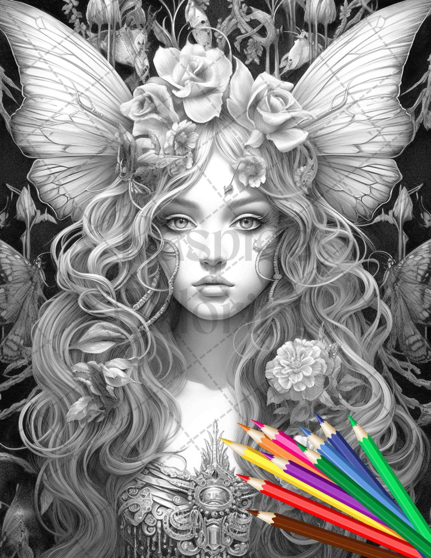 Beautiful Dark Fairy Grayscale Coloring Pages Printable for Adults, PDF File Instant Download