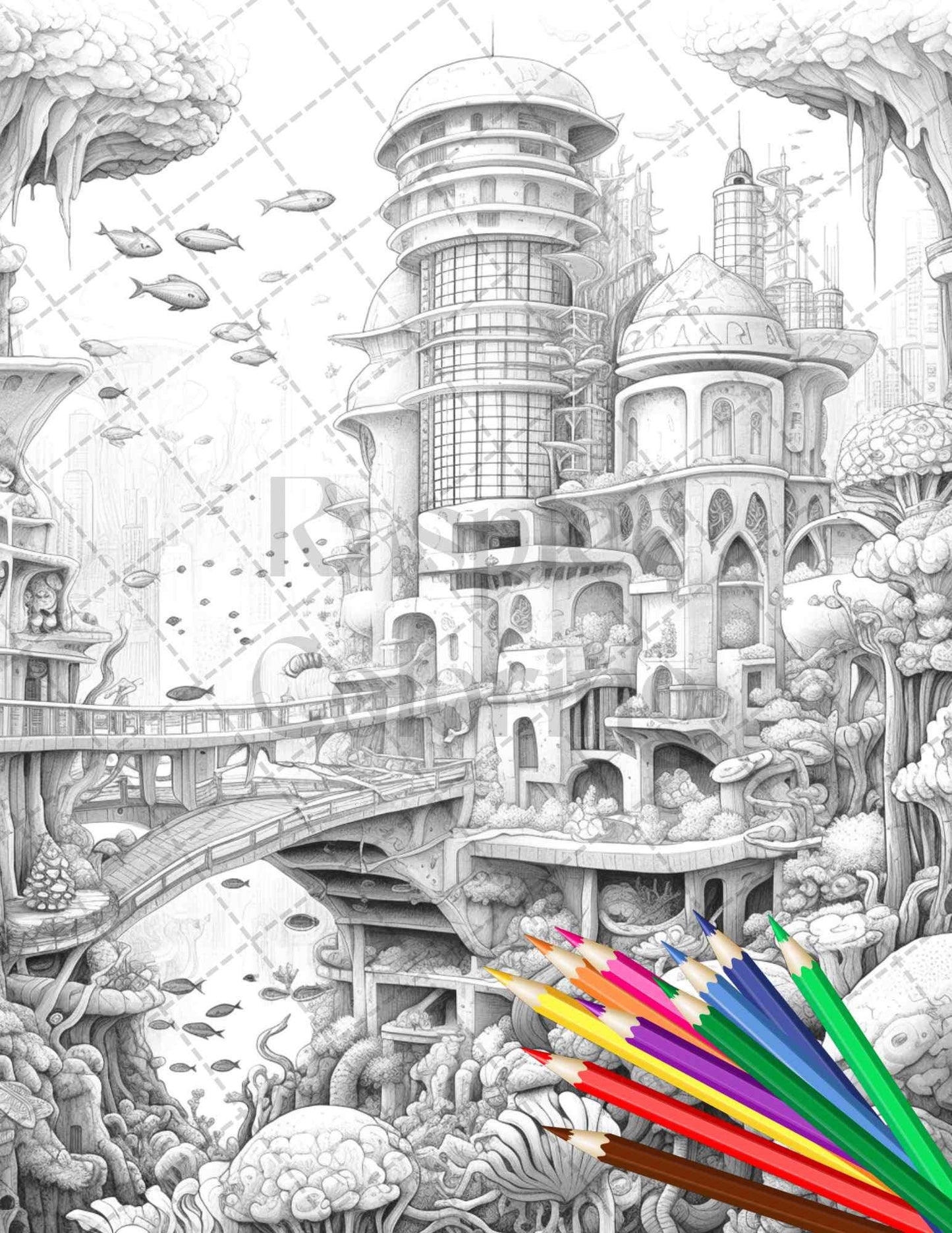 Enchanted Underwater City Grayscale Coloring Pages Printable for Adults, PDF File Instant Download