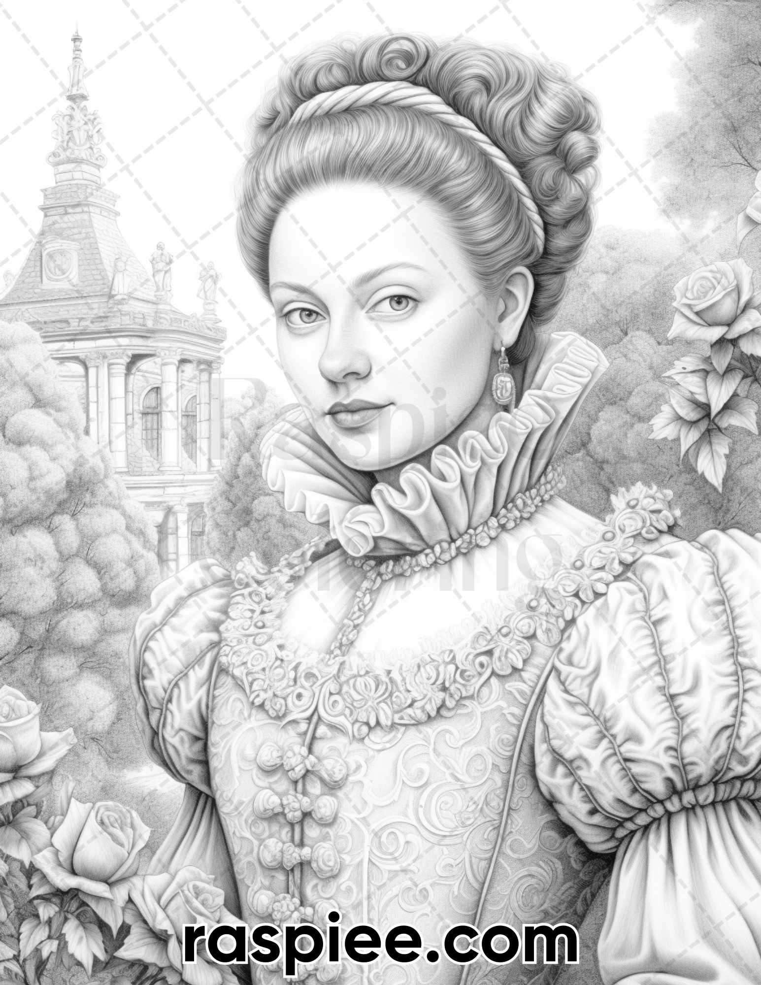 65 Elizabethan Women Portraits Grayscale Adult Coloring Pages, Printable PDF Instant Download