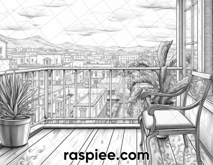60 Spring Rainy Day Landscapes Grayscale Adult Coloring Pages, Printable PDF Instant Download