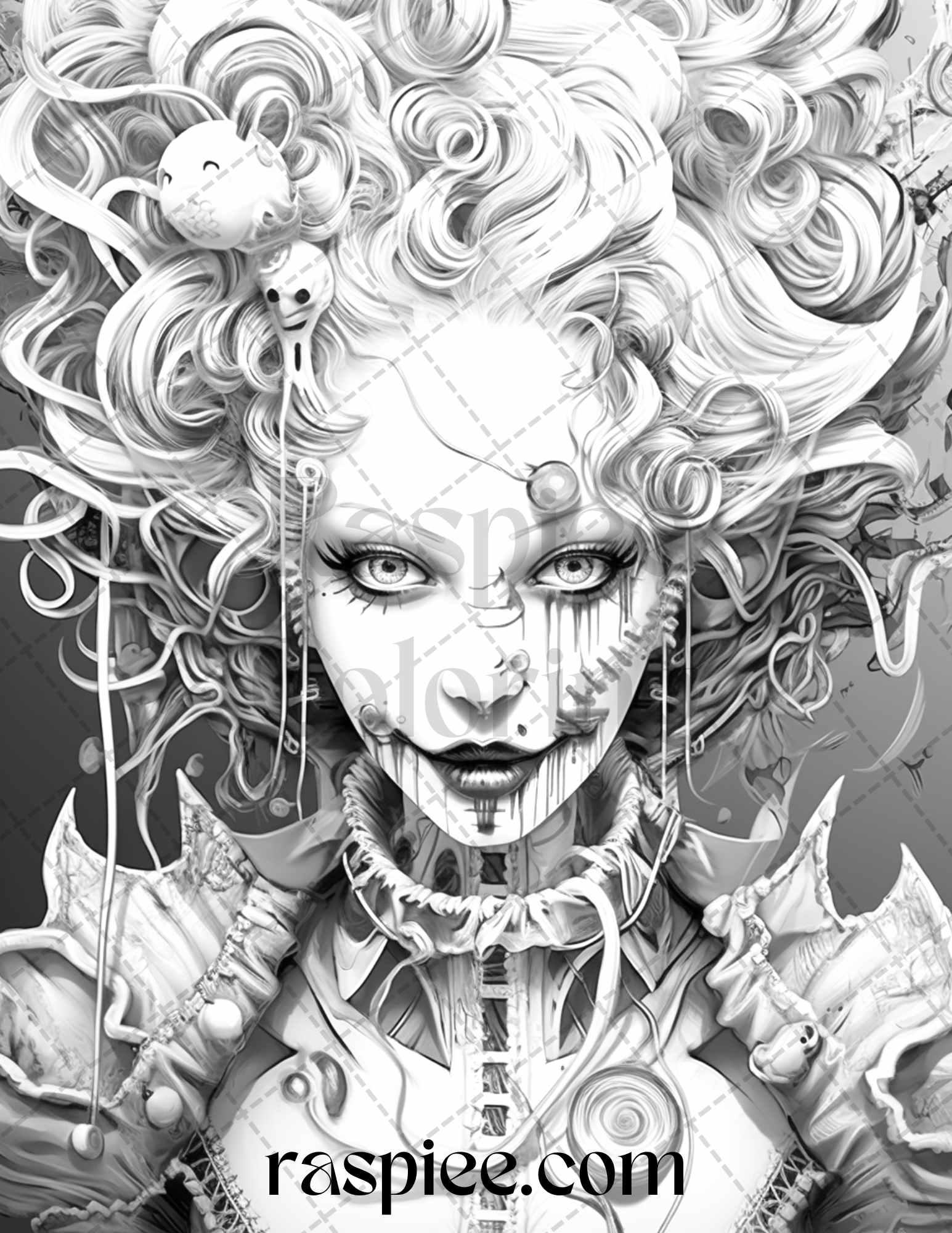 50 Scary Clown Girls Grayscale Coloring Pages Printable for Adults, PDF File Instant Download