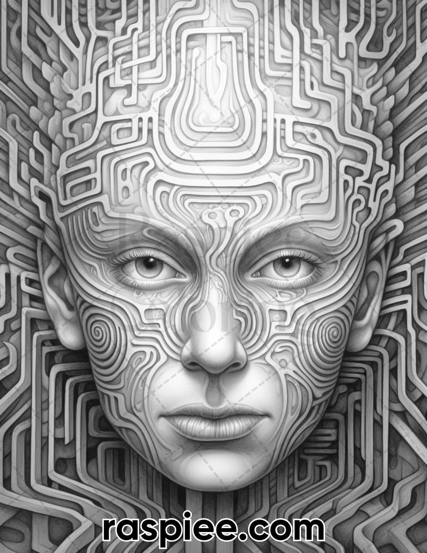 60 Abstract Faces Grayscale Adult Coloring Pages, Printable PDF Instant Download