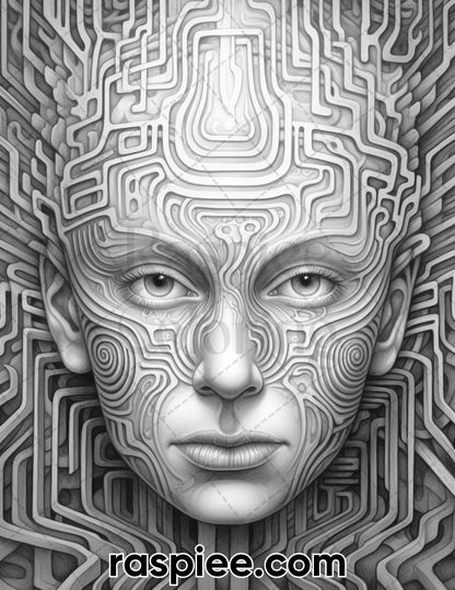 60 Abstract Faces Grayscale Adult Coloring Pages, Printable PDF Instant Download