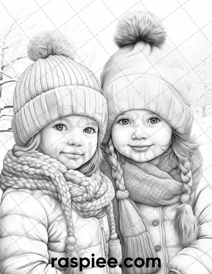 50 Baby Winter Portrait Grayscale Coloring Pages Printable for Adults, PDF File Instant Download