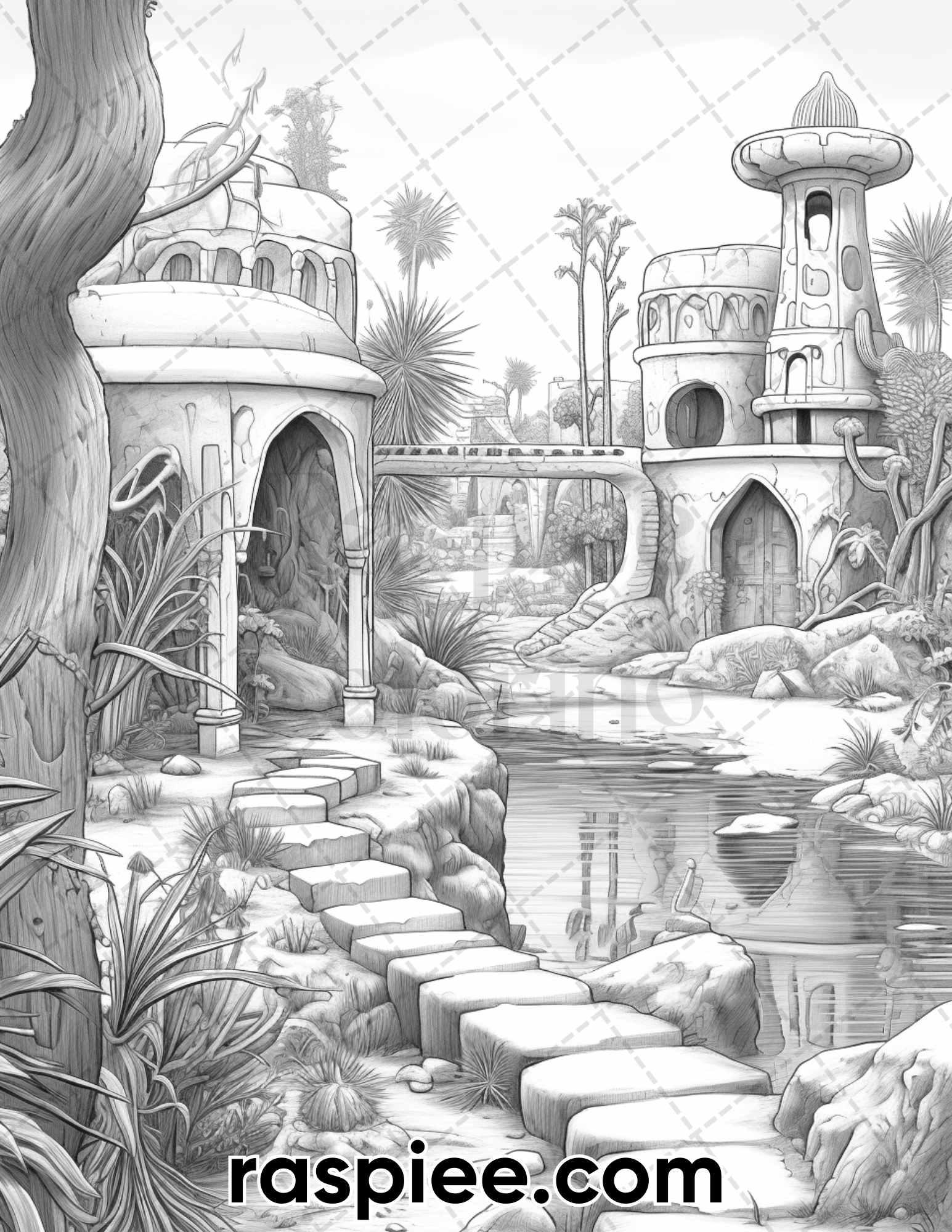 55 Desert Oasis Fairy Homes Grayscale Coloring Pages for Adults, Printable PDF Instant Download