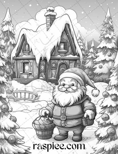 60 Christmas Gnomes Grayscale Coloring Pages Printable for Adults and Kids, PDF File Instant Download