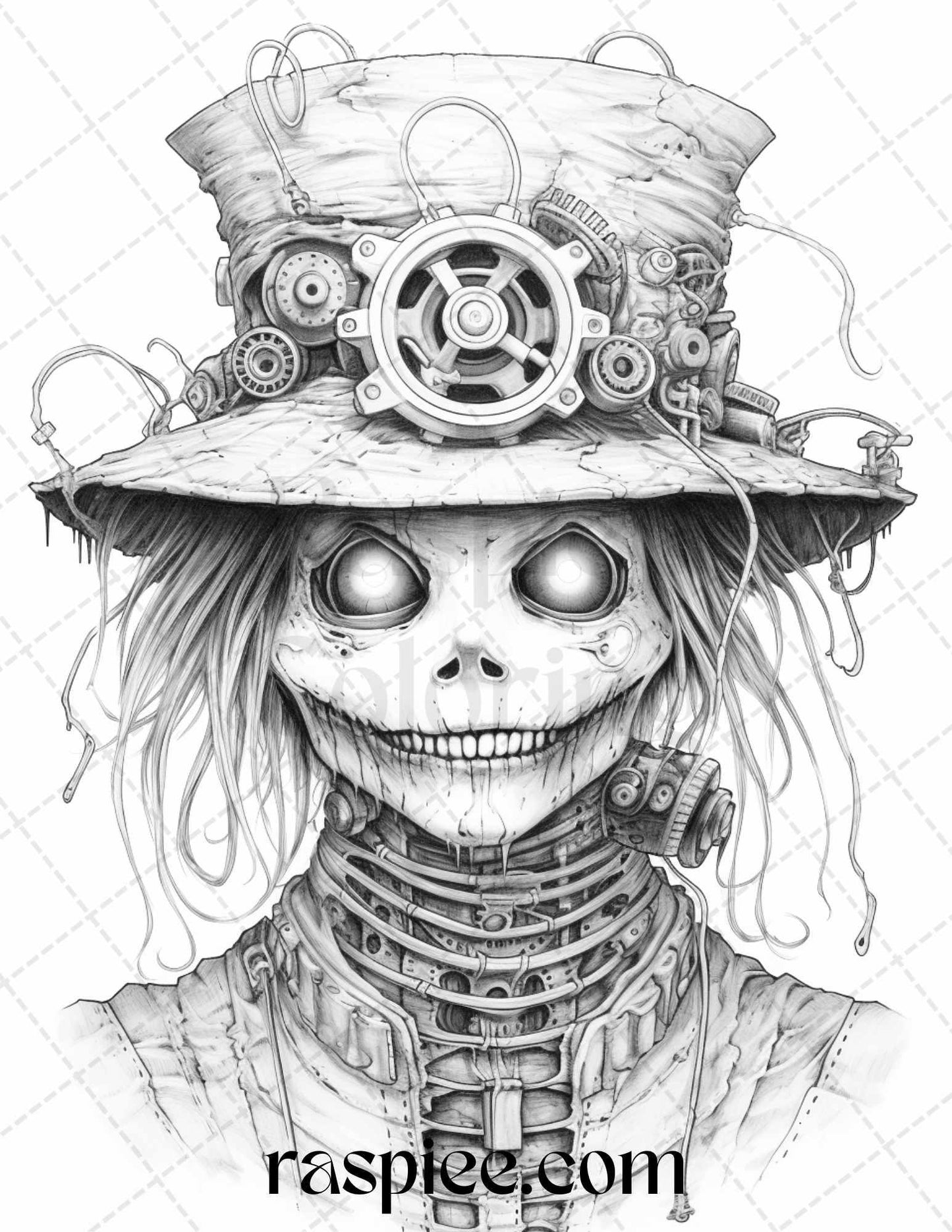 53 Scary Steampunk Scarecrows Grayscale Coloring Pages Printable for Adults, PDF File Instant Download