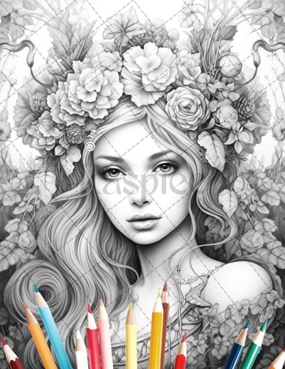 35 Beautiful Printable Elf Girls Coloring Book for Adults, Grayscale Coloring Page, PDF File Instant Download