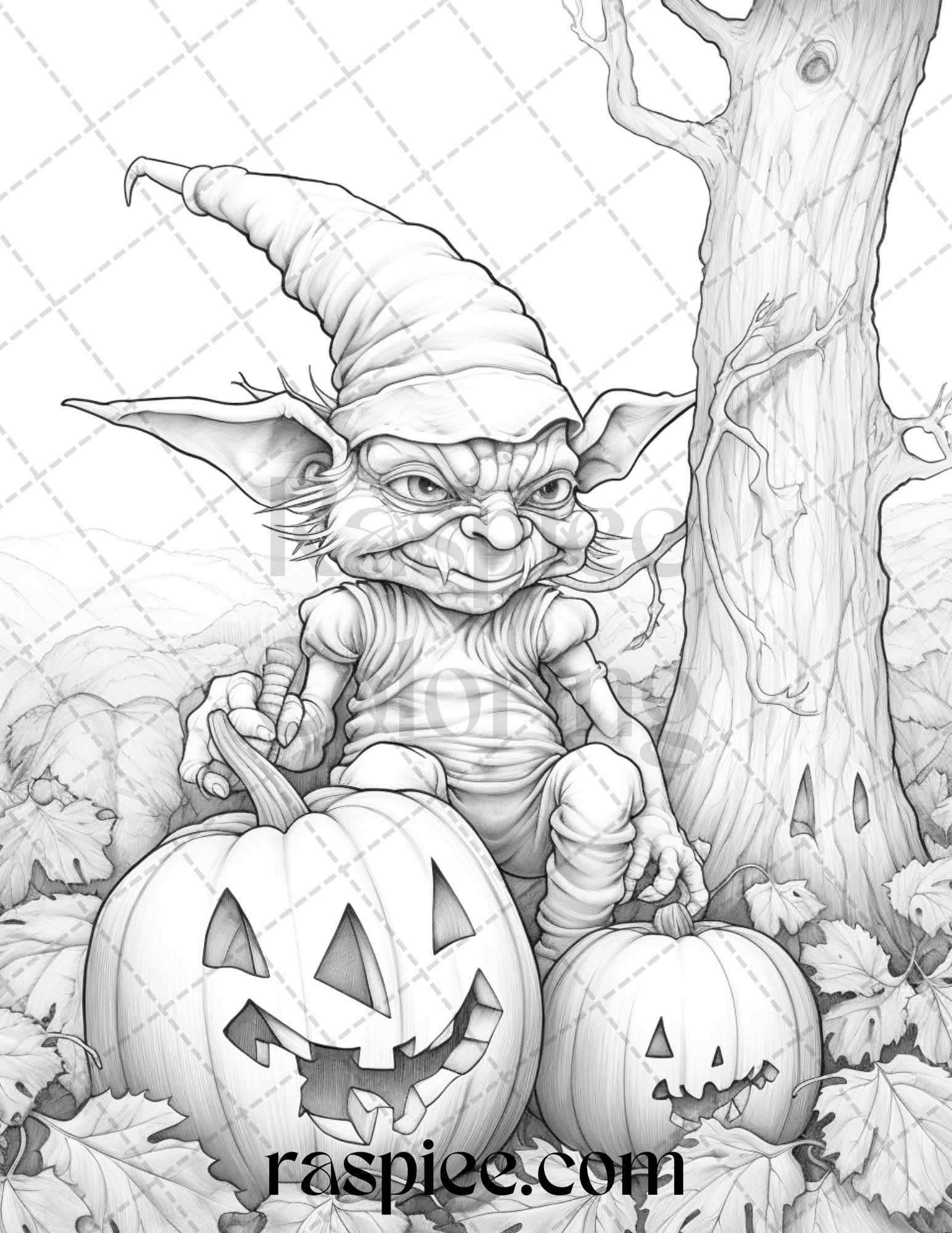 50 Halloween Goblin Grayscale Coloring Pages Printable for Adults, PDF File Instant Download