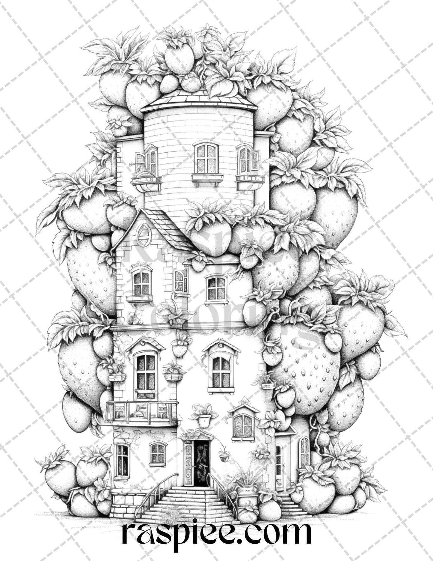 50 Strawberry Houses Grayscale Coloring Pages Printable for Adults Kids, PDF File Instant Download