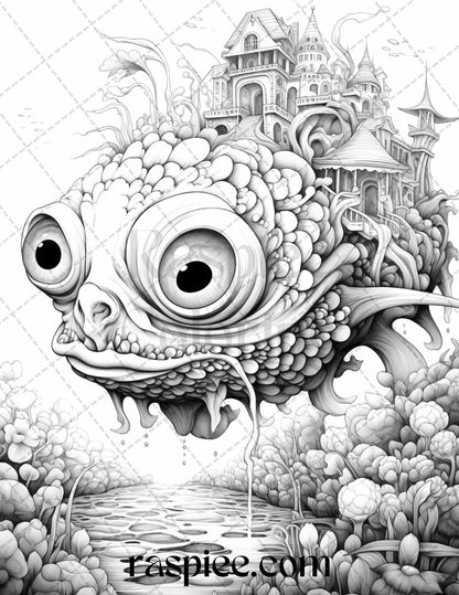 53 Surreal Creatures Grayscale Coloring Pages for Adults, Printable PDF File Instant Download